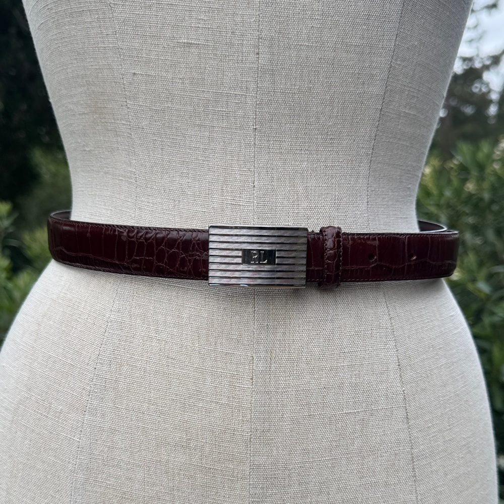 Ralph Lauren dark brown alligator leather belt with silver metal RL buckle